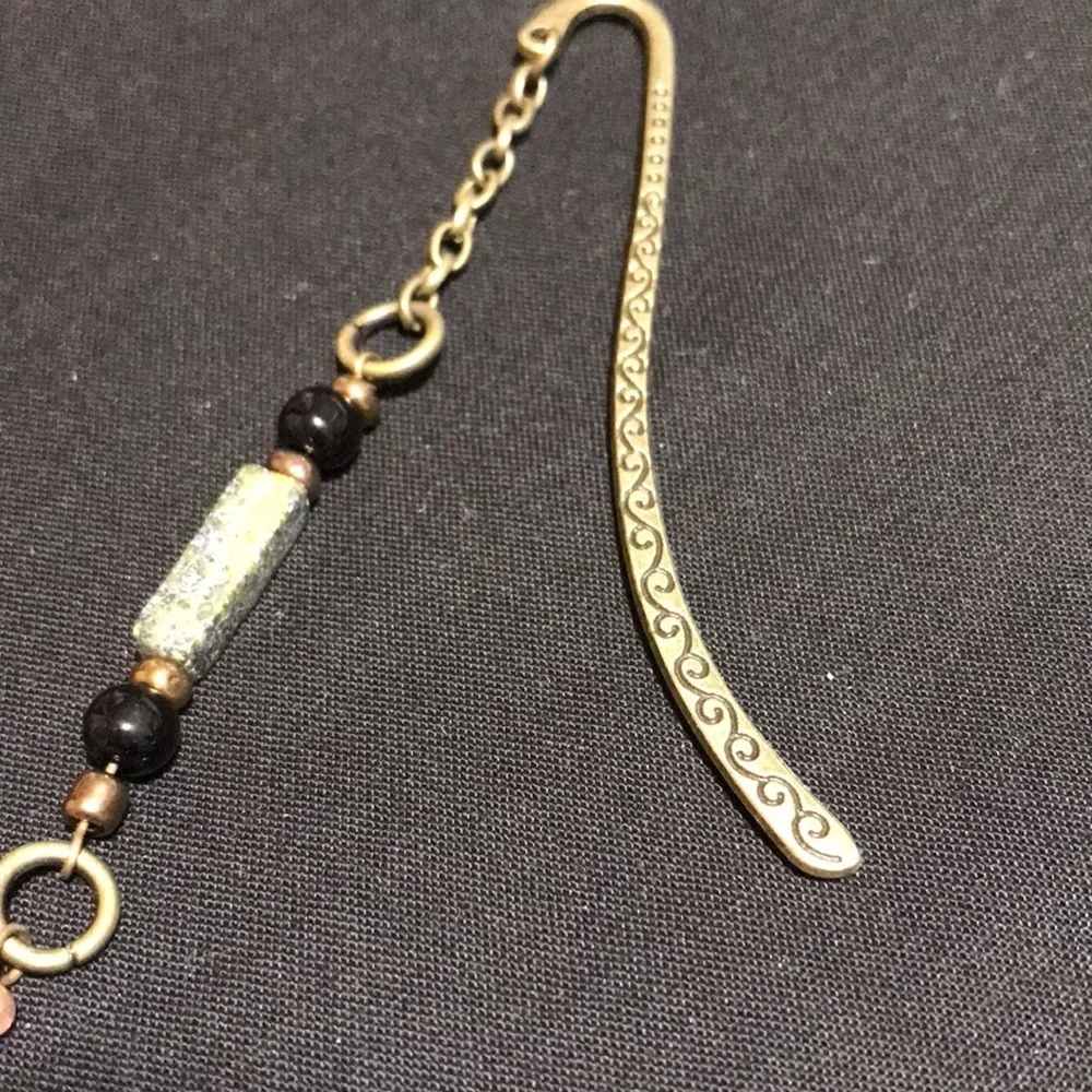 Metal Shepherds Hook Bookmark w/Chain, Metal Cross Bd, Gemstone Bds, & Glass Bds